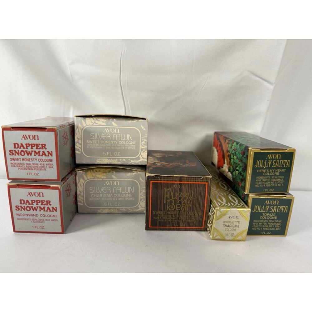 Lot of 8 Vintage Avon Christmas Cologne santa,Charisma, Bear, Fawn,snowman NEW